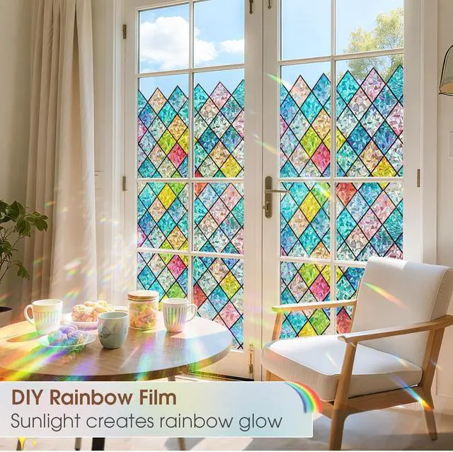 Alt view image 7 of 7 - Coavas Rainbow Stained Glass Window Film Privacy Static Cling, 17.5"x78.7" | Decorative Coverings Vinyl, No Glue Removable Lattice Stickers, UV Heat Blocking, Colorful Decals for Bathroom Door Home