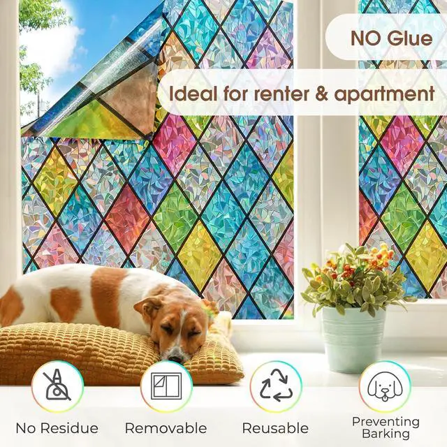 Alt view image 5 of 7 - Coavas Rainbow Stained Glass Window Film Privacy Static Cling, 17.5"x78.7" | Decorative Coverings Vinyl, No Glue Removable Lattice Stickers, UV Heat Blocking, Colorful Decals for Bathroom Door Home