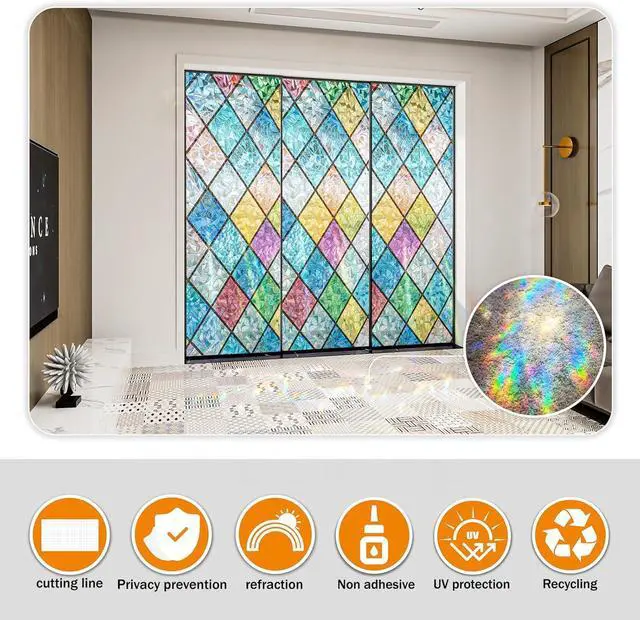 Alt view image 6 of 6 - Countewol Rainbow Privacy Window Film Stained Glass Window Film That is Adhesive-Free, Residue-Free, Reusable, and Easy to Install with Tools. (Rainbow, 17.5 X 78.7 in)