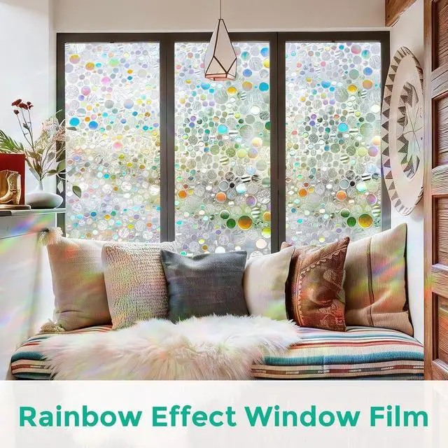 Alt view image 2 of 7 - Stained Glass Window Privacy Film,Rainbow Iridescent Bubble 17.5" x 78.7" | No Glue Static Cling Decorative Window Decor,No Residue,Anti-UV & Heat Blocking,Privacy for Front Door Home Bathroom