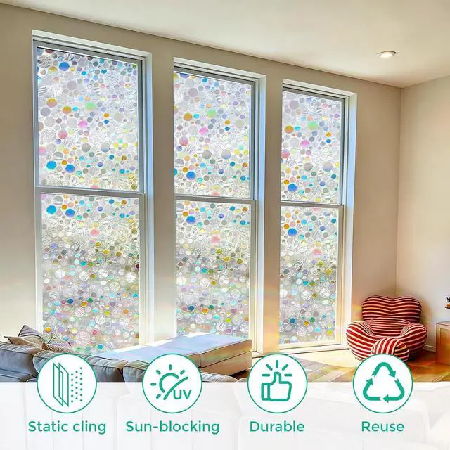 Alt view image 6 of 7 - Stained Glass Window Privacy Film,Rainbow Iridescent Bubble 17.5" x 78.7" | No Glue Static Cling Decorative Window Decor,No Residue,Anti-UV & Heat Blocking,Privacy for Front Door Home Bathroom