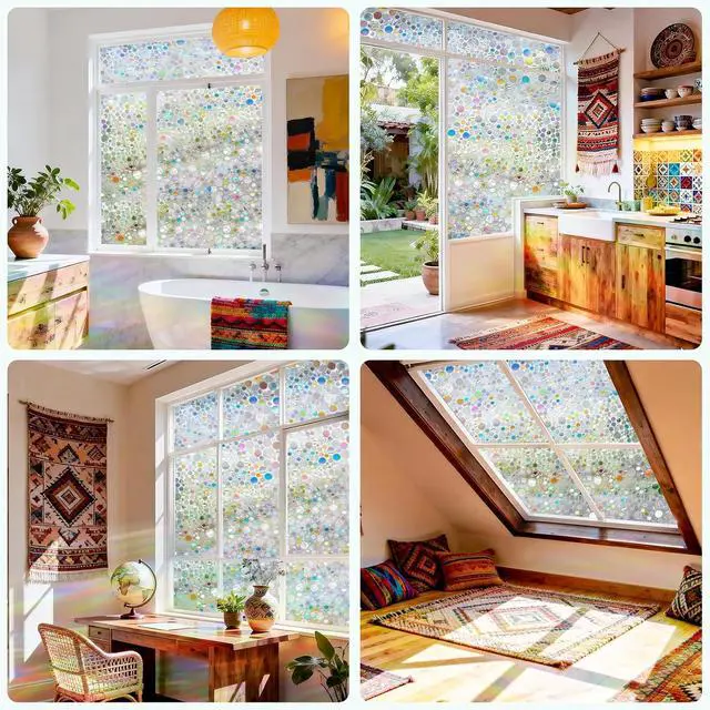 Alt view image 4 of 7 - Stained Glass Window Privacy Film,Rainbow Iridescent Bubble 17.5" x 78.7" | No Glue Static Cling Decorative Window Decor,No Residue,Anti-UV & Heat Blocking,Privacy for Front Door Home Bathroom