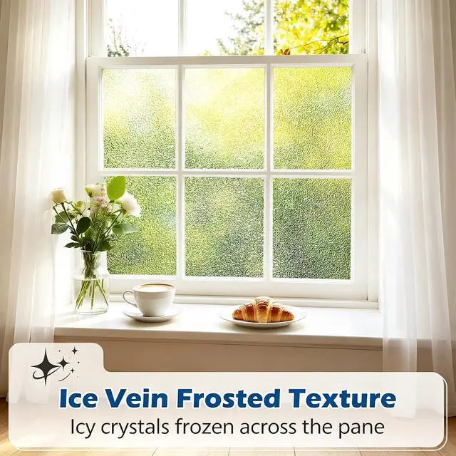 Alt view image 2 of 7 - Frosted Glass Window Privacy Film with Ice Vein, 17.5'' x 78.7'' | Non Adhesive, Removable Static Cling, UV Blocking, Decorative Frosting for Kitchen, Bedroom, Office, or on Doors, Pure