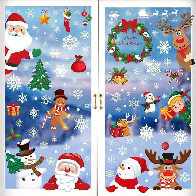 Main image of 186PCS Christmas Decor, Christmas Window Clings, 9 Sheets Snowflake Window Stickers Decals with Santa Claus Snowman Reindeer, PVC Xmas Decorations Clings for Holiday Party Decorations Accessories