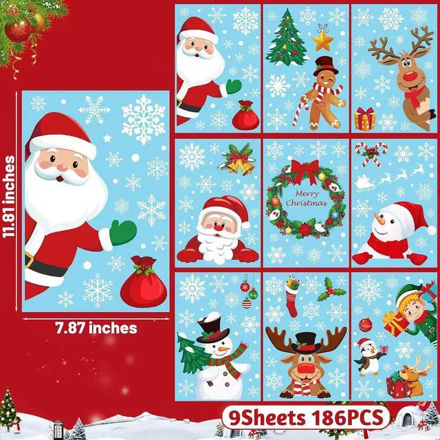 Alt view image 2 of 7 - 186PCS Christmas Decor, Christmas Window Clings, 9 Sheets Snowflake Window Stickers Decals with Santa Claus Snowman Reindeer, PVC Xmas Decorations Clings for Holiday Party Decorations Accessories