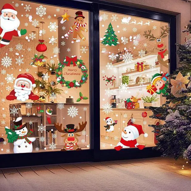 Alt view image 5 of 7 - 186PCS Christmas Decor, Christmas Window Clings, 9 Sheets Snowflake Window Stickers Decals with Santa Claus Snowman Reindeer, PVC Xmas Decorations Clings for Holiday Party Decorations Accessories
