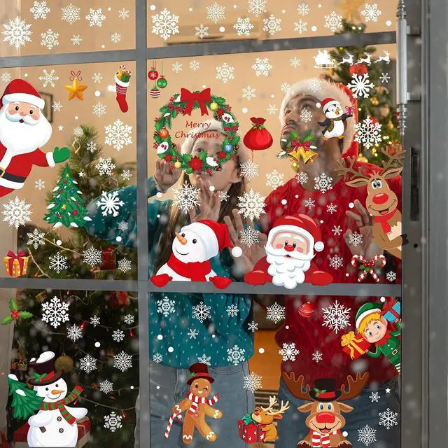 Alt view image 7 of 7 - 186PCS Christmas Decor, Christmas Window Clings, 9 Sheets Snowflake Window Stickers Decals with Santa Claus Snowman Reindeer, PVC Xmas Decorations Clings for Holiday Party Decorations Accessories