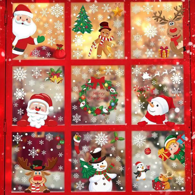 Alt view image 6 of 7 - 186PCS Christmas Decor, Christmas Window Clings, 9 Sheets Snowflake Window Stickers Decals with Santa Claus Snowman Reindeer, PVC Xmas Decorations Clings for Holiday Party Decorations Accessories