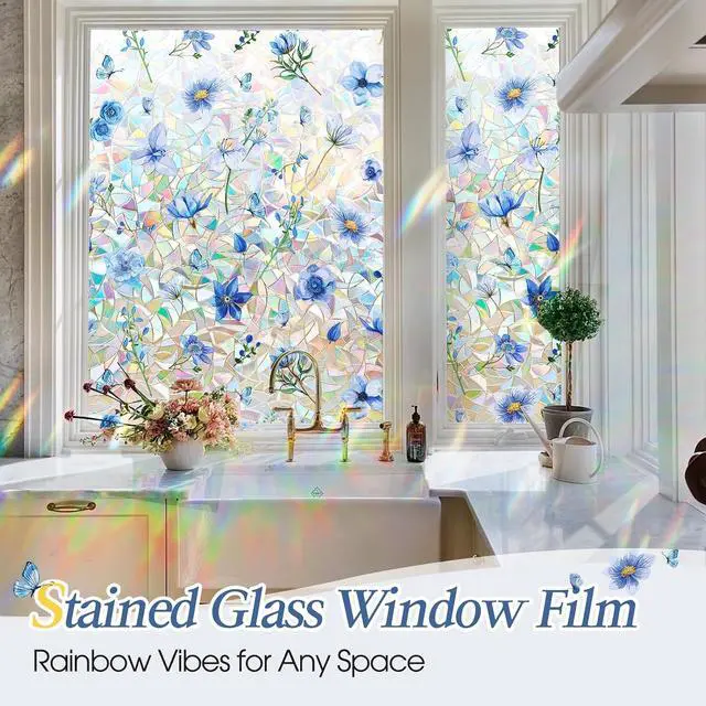 Alt view image 2 of 7 - Coavas Stained Glass Window Privacy Film, 3D Rainbow Floral, 17.5" x 78.7" | Prism Decorative Window Film, Static Cling No Glue Removable Window Covering, UV Blocking Anti Glare for Bathroom, Blue