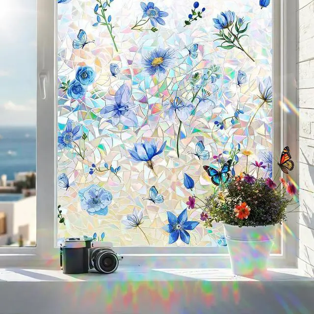 Main image of Coavas Stained Glass Window Privacy Film, 3D Rainbow Floral, 17.5" x 78.7" | Prism Decorative Window Film, Static Cling No Glue Removable Window Covering, UV Blocking Anti Glare for Bathroom, Blue