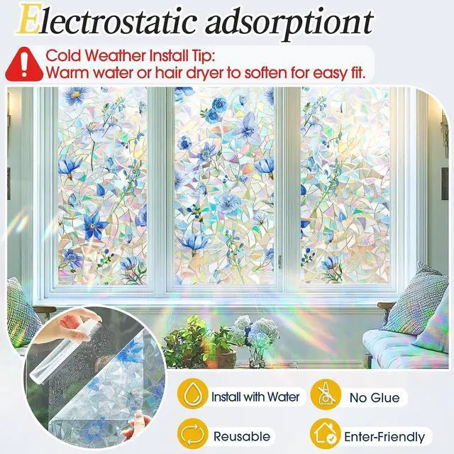 Alt view image 5 of 7 - Coavas Stained Glass Window Privacy Film, 3D Rainbow Floral, 17.5" x 78.7" | Prism Decorative Window Film, Static Cling No Glue Removable Window Covering, UV Blocking Anti Glare for Bathroom, Blue