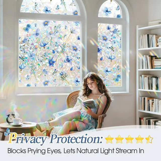 Alt view image 3 of 7 - Coavas Stained Glass Window Privacy Film, 3D Rainbow Floral, 17.5" x 78.7" | Prism Decorative Window Film, Static Cling No Glue Removable Window Covering, UV Blocking Anti Glare for Bathroom, Blue