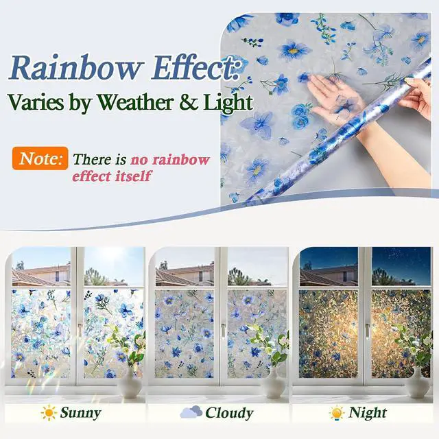 Alt view image 4 of 7 - Coavas Stained Glass Window Privacy Film, 3D Rainbow Floral, 17.5" x 78.7" | Prism Decorative Window Film, Static Cling No Glue Removable Window Covering, UV Blocking Anti Glare for Bathroom, Blue
