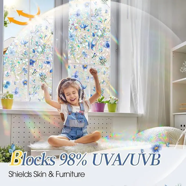 Alt view image 6 of 7 - Coavas Stained Glass Window Privacy Film, 3D Rainbow Floral, 17.5" x 78.7" | Prism Decorative Window Film, Static Cling No Glue Removable Window Covering, UV Blocking Anti Glare for Bathroom, Blue