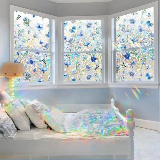 Alt view image 7 of 7 - Coavas Stained Glass Window Privacy Film, 3D Rainbow Floral, 17.5" x 78.7" | Prism Decorative Window Film, Static Cling No Glue Removable Window Covering, UV Blocking Anti Glare for Bathroom, Blue