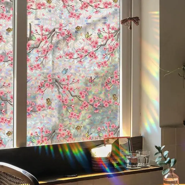 Main image of Runtoo Window Privacy Film Rainbow Cherry Blossom Flower Window Clings 3D Decorative Vinyl Stained Glass Butterfly Floral Decals Static Cling Sticker Non-Adhesive, 15.75 x 40 inches