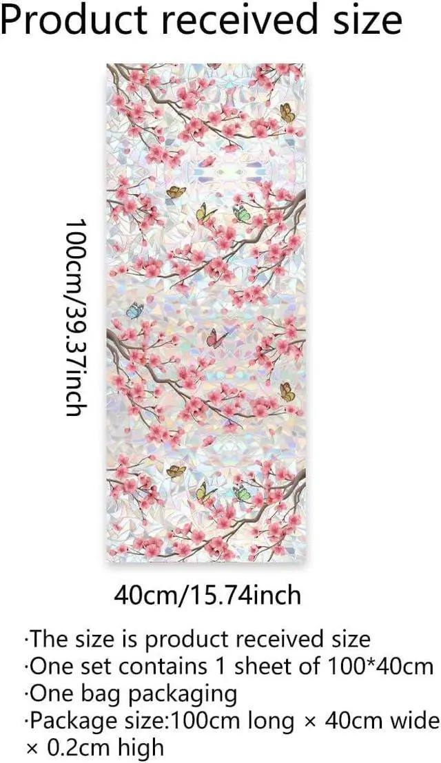 Alt view image 5 of 5 - Runtoo Window Privacy Film Rainbow Cherry Blossom Flower Window Clings 3D Decorative Vinyl Stained Glass Butterfly Floral Decals Static Cling Sticker Non-Adhesive, 15.75 x 40 inches