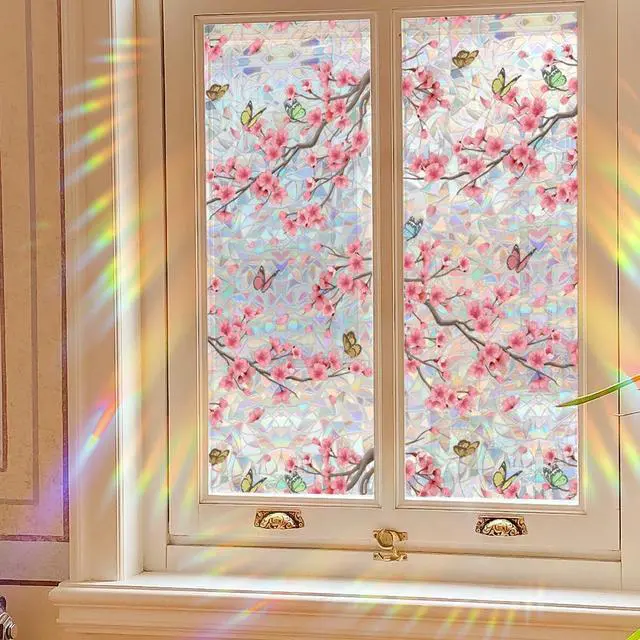 Alt view image 2 of 5 - Runtoo Window Privacy Film Rainbow Cherry Blossom Flower Window Clings 3D Decorative Vinyl Stained Glass Butterfly Floral Decals Static Cling Sticker Non-Adhesive, 15.75 x 40 inches