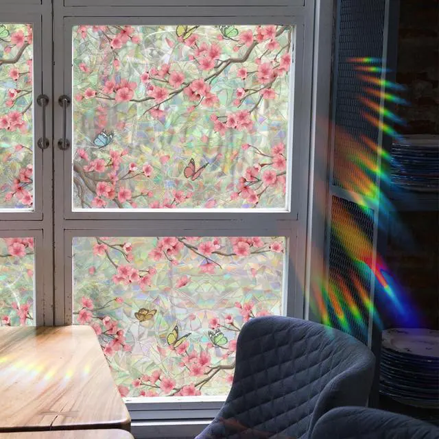 Alt view image 3 of 5 - Runtoo Window Privacy Film Rainbow Cherry Blossom Flower Window Clings 3D Decorative Vinyl Stained Glass Butterfly Floral Decals Static Cling Sticker Non-Adhesive, 15.75 x 40 inches