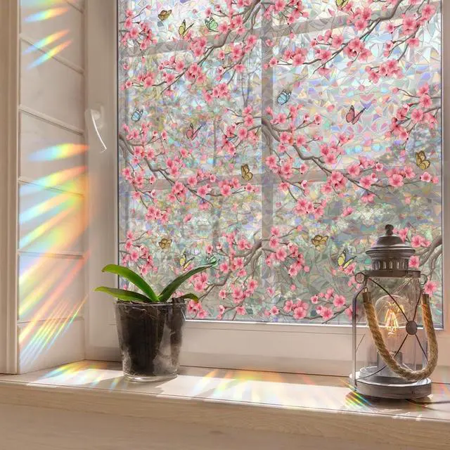 Alt view image 4 of 5 - Runtoo Window Privacy Film Rainbow Cherry Blossom Flower Window Clings 3D Decorative Vinyl Stained Glass Butterfly Floral Decals Static Cling Sticker Non-Adhesive, 15.75 x 40 inches