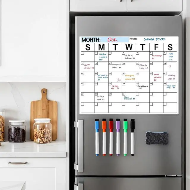 Alt view image 6 of 7 - Dry Erase Magnetic Calendar for Refrigerator - Monthly Planner Magnet Whiteboard for Fridge Wall Door - Shopping, Meal/Menu, to Do List, Family Schedule Planning Board with 6 Markers - Black