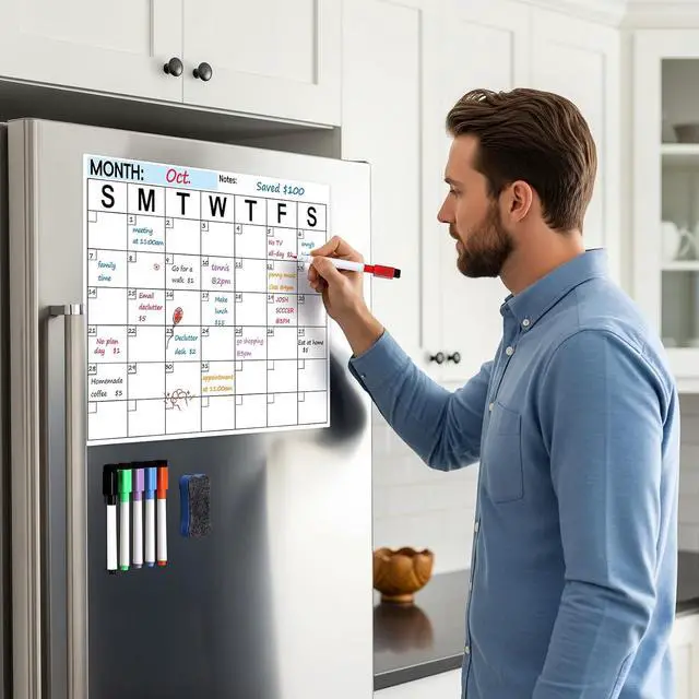 Alt view image 7 of 7 - Dry Erase Magnetic Calendar for Refrigerator - Monthly Planner Magnet Whiteboard for Fridge Wall Door - Shopping, Meal/Menu, to Do List, Family Schedule Planning Board with 6 Markers - Black