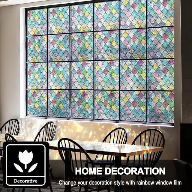 Alt view image 3 of 7 - Stained Glass Window Film, Window Privacy Films, Colorful Lattice Window Tint, Rainbow Glass Decals Stickers for Home Anti UV 17.3 x 78.7 inches