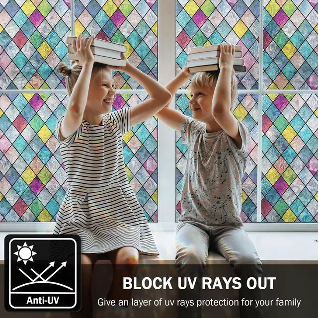 Alt view image 5 of 7 - Stained Glass Window Film, Window Privacy Films, Colorful Lattice Window Tint, Rainbow Glass Decals Stickers for Home Anti UV 17.3 x 78.7 inches