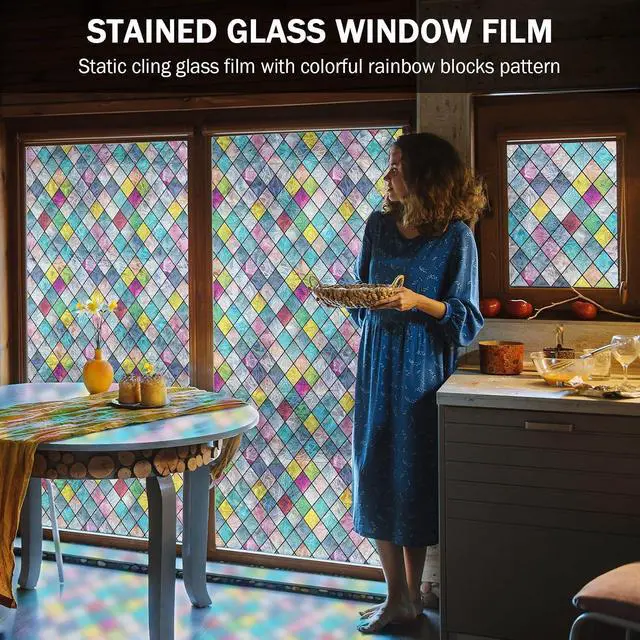 Alt view image 4 of 7 - Stained Glass Window Film, Window Privacy Films, Colorful Lattice Window Tint, Rainbow Glass Decals Stickers for Home Anti UV 17.3 x 78.7 inches
