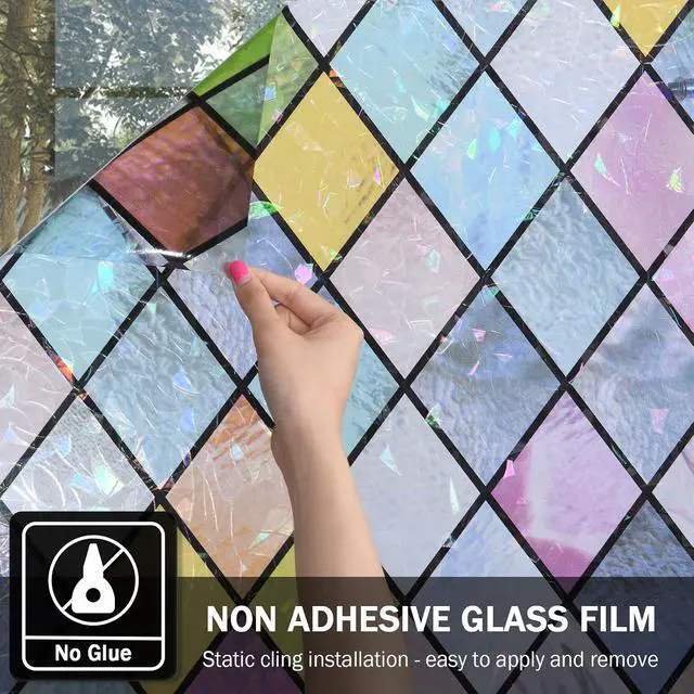 Alt view image 6 of 7 - Stained Glass Window Film, Window Privacy Films, Colorful Lattice Window Tint, Rainbow Glass Decals Stickers for Home Anti UV 17.3 x 78.7 inches
