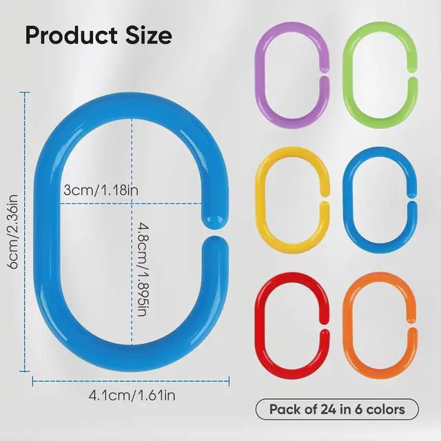 Alt view image 2 of 7 - Premium Plastic Shower Curtain Rings Shower Curtain Hooks Gliding on Standard Shower Rods Easy Snap Closure (C-Shape,Rainbow,24Pcs)