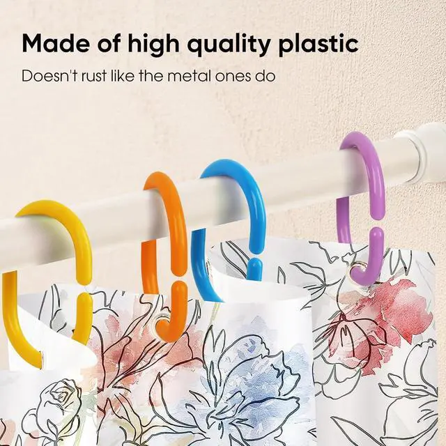 Alt view image 3 of 7 - Premium Plastic Shower Curtain Rings Shower Curtain Hooks Gliding on Standard Shower Rods Easy Snap Closure (C-Shape,Rainbow,24Pcs)