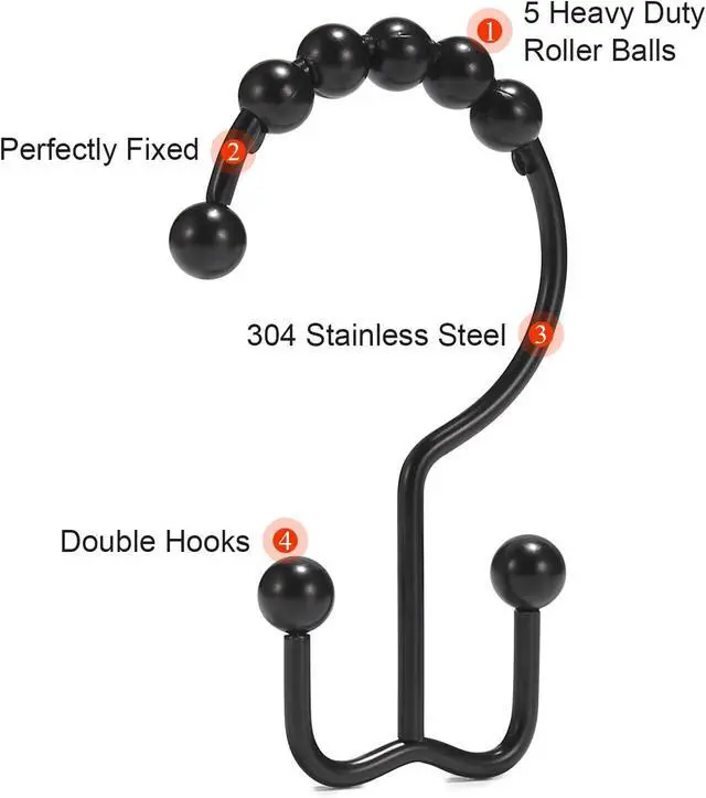 Alt view image 4 of 7 - Shower Curtain Hooks, Goowin Shower Curtain Rings, Stainless Steel Black Shower Curtain Hooks, Shower Curtain Rings Rust Proof, Free Sliding Double Shower Hooks for Shower Curtain & Liners (Black)