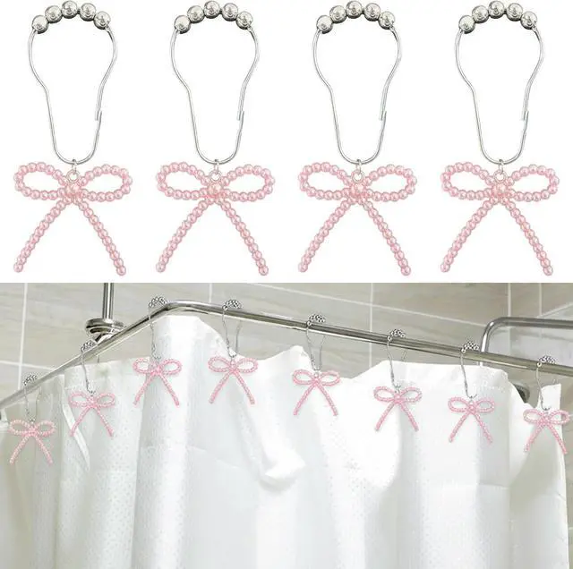 Main image of Shower Curtain Hooks Pink, 12 Pack Pink Shower Curtain Hooks with Cute Bow Charms, Cute Shower Hooks Bows for Girl Shower Curtain Decor, Aesthetic Shower Hooks for Bathroom