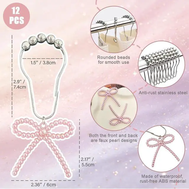 Alt view image 2 of 7 - Shower Curtain Hooks Pink, 12 Pack Pink Shower Curtain Hooks with Cute Bow Charms, Cute Shower Hooks Bows for Girl Shower Curtain Decor, Aesthetic Shower Hooks for Bathroom