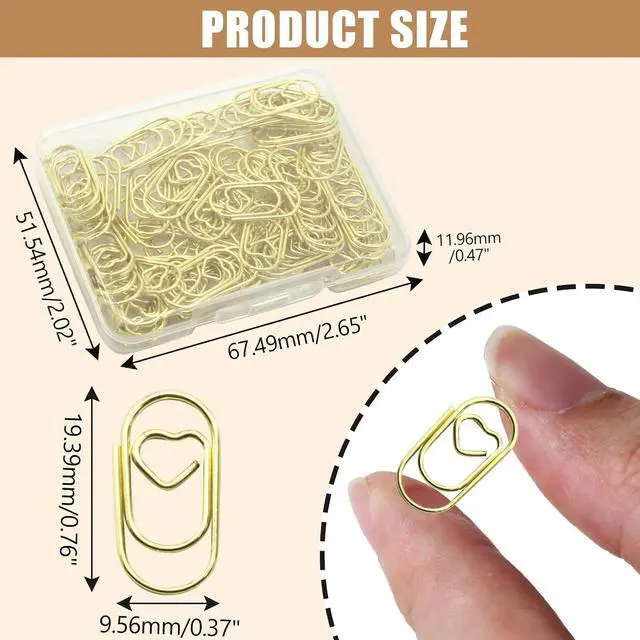 Alt view image 3 of 7 - Uenhoy 100 Pcs Gold Heart Paper Clips 0.78" Mini Office School Supplies | Stainless Rustproof, Smooth Mark-Free, Heart Shape Cute Design, Plastic Box Portable, For Bookmark Wedding Office Craft