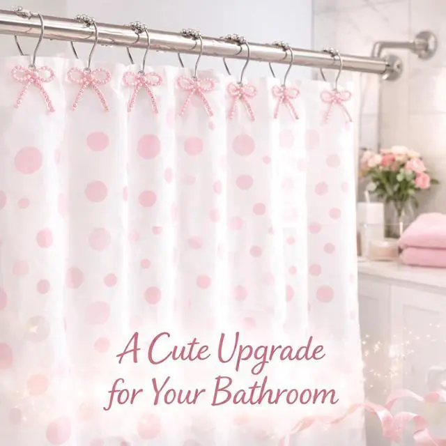 Alt view image 4 of 7 - Shower Curtain Hooks Pink, 12 Pack Pink Shower Curtain Hooks with Cute Bow Charms, Cute Shower Hooks Bows for Girl Shower Curtain Decor, Aesthetic Shower Hooks for Bathroom