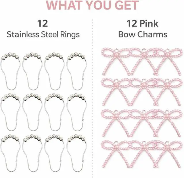 Alt view image 5 of 7 - Shower Curtain Hooks Pink, 12 Pack Pink Shower Curtain Hooks with Cute Bow Charms, Cute Shower Hooks Bows for Girl Shower Curtain Decor, Aesthetic Shower Hooks for Bathroom