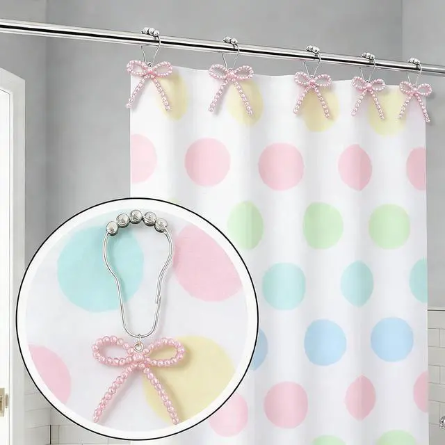 Alt view image 7 of 7 - Shower Curtain Hooks Pink, 12 Pack Pink Shower Curtain Hooks with Cute Bow Charms, Cute Shower Hooks Bows for Girl Shower Curtain Decor, Aesthetic Shower Hooks for Bathroom