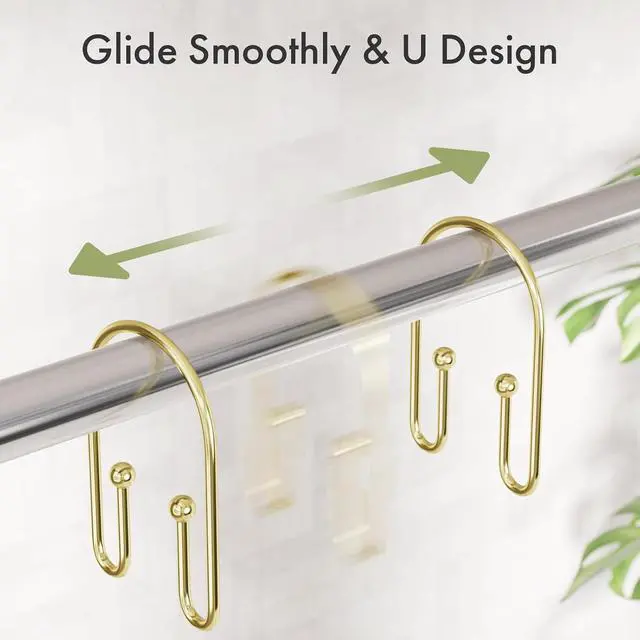 Alt view image 4 of 7 - AmazerBath Shower Curtain Hooks, Gold Shower Curtain Hooks Rust Proof, Non-Slip Simple Double Hook Shower Curtain Hooks for Shower Curtain, Sturdy Shower Curtain Rings, 12Pcs