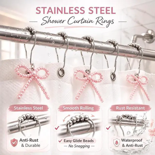 Alt view image 3 of 7 - Shower Curtain Hooks Pink, 12 Pack Pink Shower Curtain Hooks with Cute Bow Charms, Cute Shower Hooks Bows for Girl Shower Curtain Decor, Aesthetic Shower Hooks for Bathroom