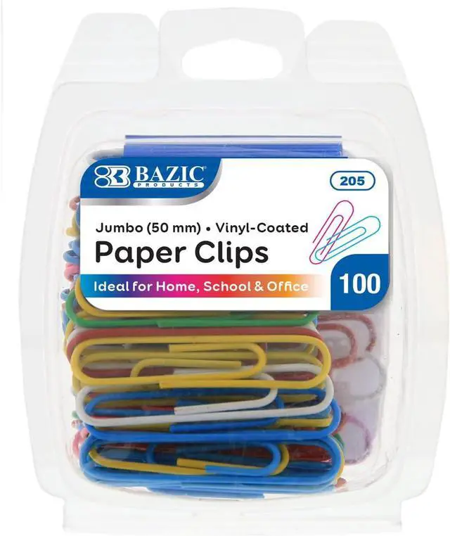 Main image of B BAZIC PRODUCTS Jumbo Color Paper Clips, 50 mm, Assorted, 100 Per Pack (205-24P), Assorted Color