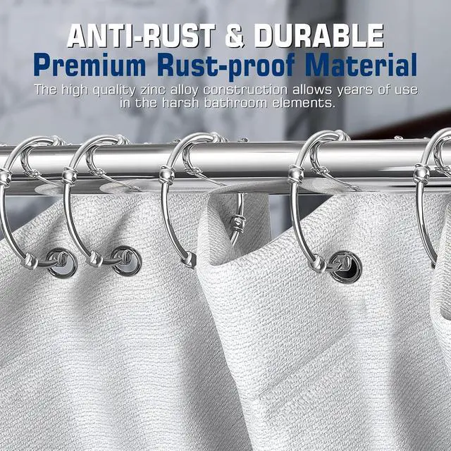 Alt view image 2 of 7 - Shower Curtain Rings Hooks, Rustproof Shower Curtain Hooks for Bathroom, Decorative Metal Round Decorative Shower Curtain Rings for Shower Rod, Set of 12, Zinc Alloy, Chrome