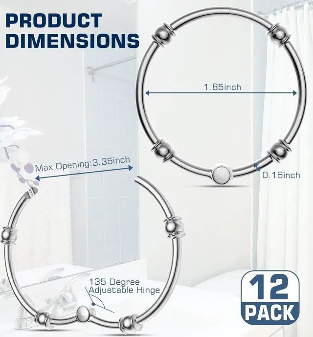 Alt view image 6 of 7 - Shower Curtain Rings Hooks, Rustproof Shower Curtain Hooks for Bathroom, Decorative Metal Round Decorative Shower Curtain Rings for Shower Rod, Set of 12, Zinc Alloy, Chrome