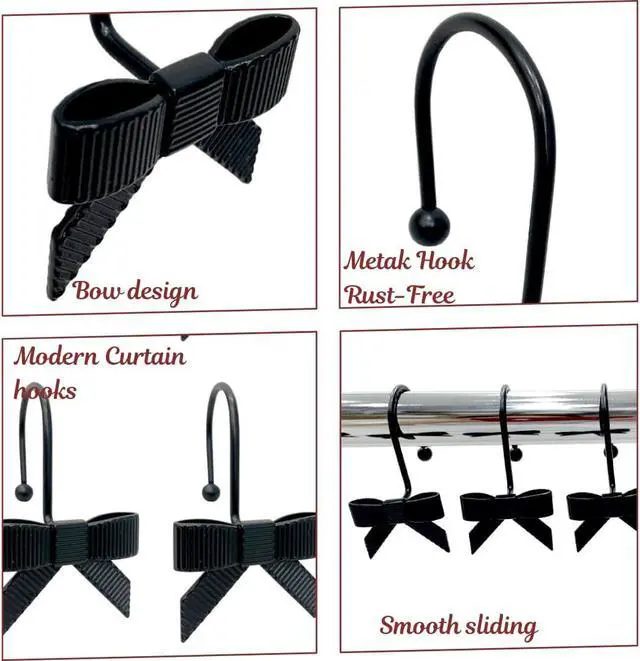Alt view image 3 of 7 - 12PCS Decorative Bow Shower Curtain Hooks, Bow Knot Curtain Hooks Shower Rings for Bathroom Room Nursery Art Decors (Bow Knot) (Black)
