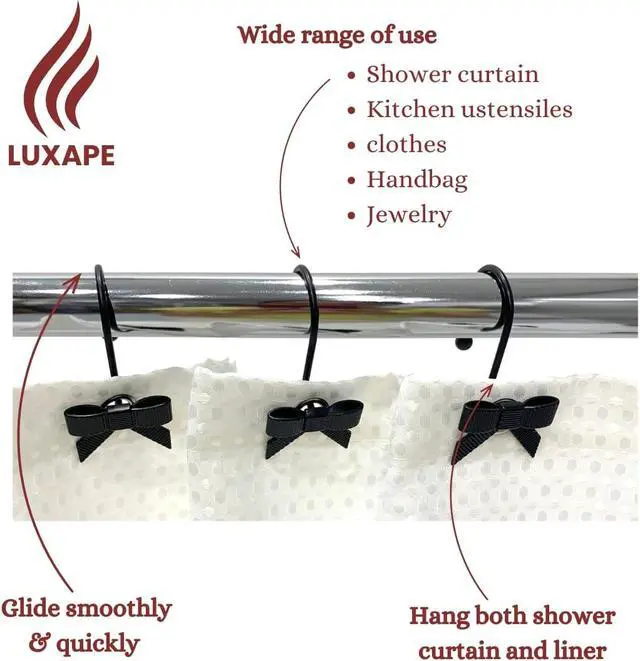 Alt view image 4 of 7 - 12PCS Decorative Bow Shower Curtain Hooks, Bow Knot Curtain Hooks Shower Rings for Bathroom Room Nursery Art Decors (Bow Knot) (Black)