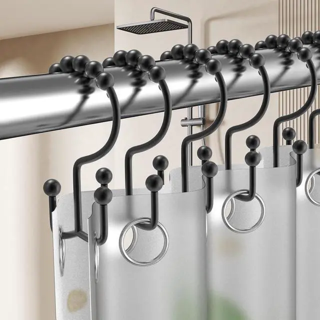 Alt view image 4 of 7 - Shower Curtain Hooks Rings, Rust Proof Stainless Steel Shower Curtain Hooks Double Sided for Bathroom Shower Rods Curtains, Set of 12, Black