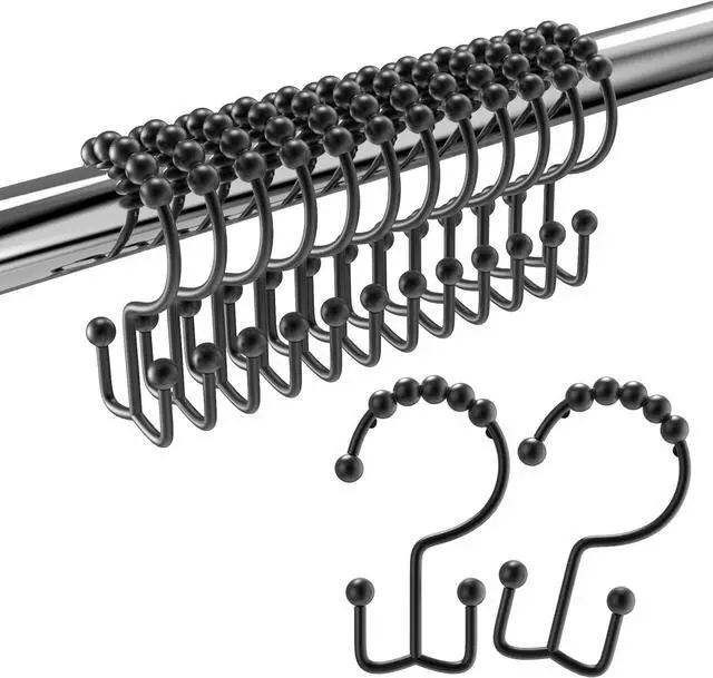 Main image of Shower Curtain Hooks Rings, Rust Proof Stainless Steel Shower Curtain Hooks Double Sided for Bathroom Shower Rods Curtains, Set of 12, Black