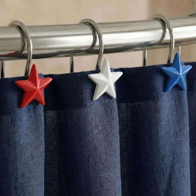 Main image of Patriotic American Flag Star Shower Curtain Hooks: 12 Red White Blue Stars | Decorative Rustproof Hangers for 250th Anniversary, 4th of July, Independence Day, Memorial Day & American Patriotic Decor