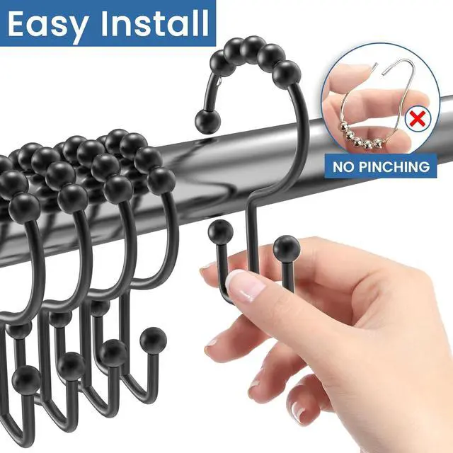 Alt view image 7 of 7 - Shower Curtain Hooks Rings, Rust Proof Stainless Steel Shower Curtain Hooks Double Sided for Bathroom Shower Rods Curtains, Set of 12, Black